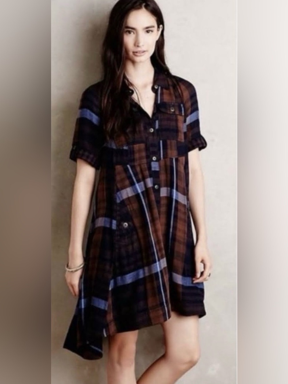 HOLDING HORSES Mixed Plaid Shirt Dress High-Low Handkerchief Hem Blue/Brown SZ 2